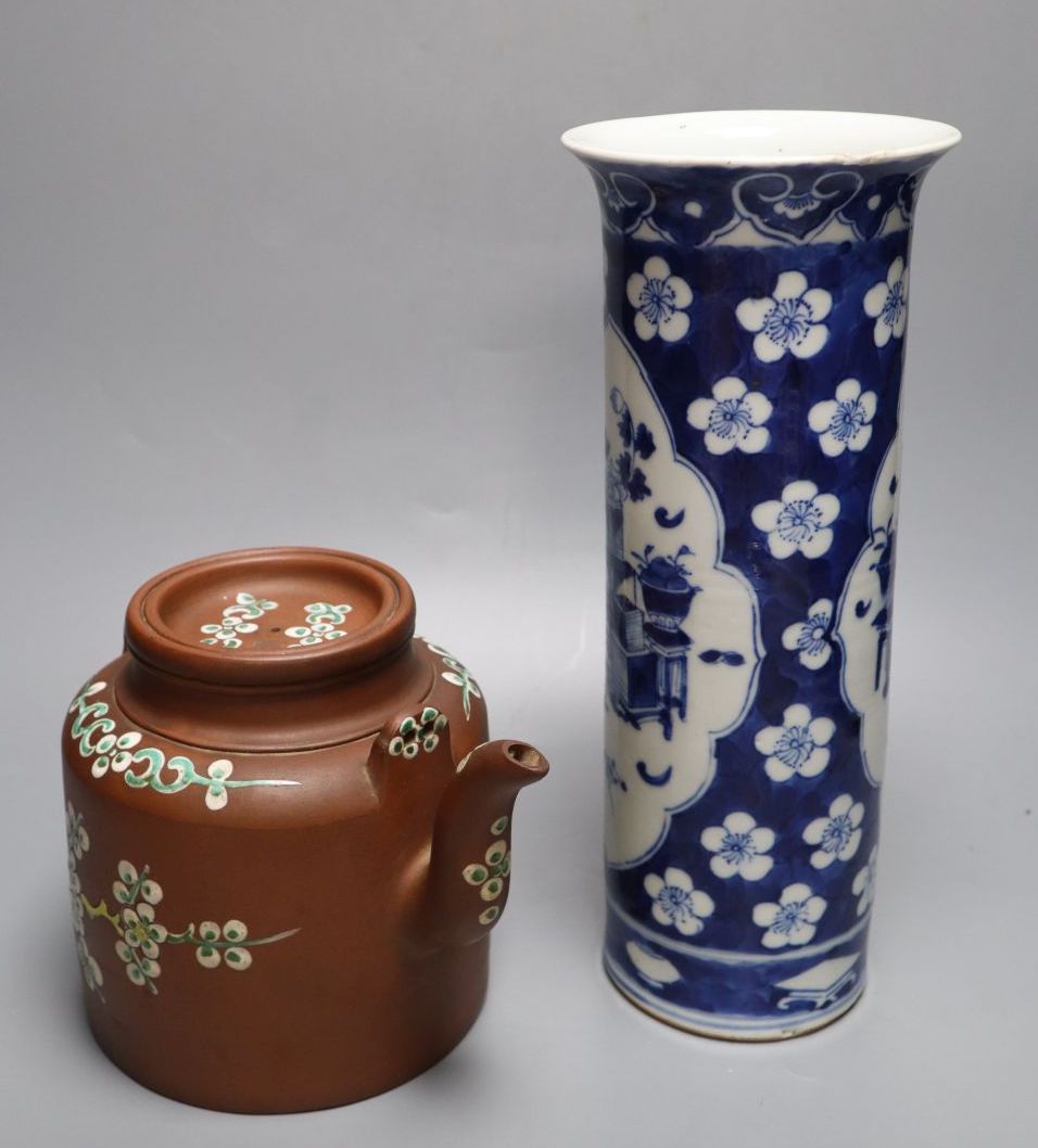 A 20th century Chinese blue and white sleeve vase and a Chinese Yixing teapot, tallest 31cm